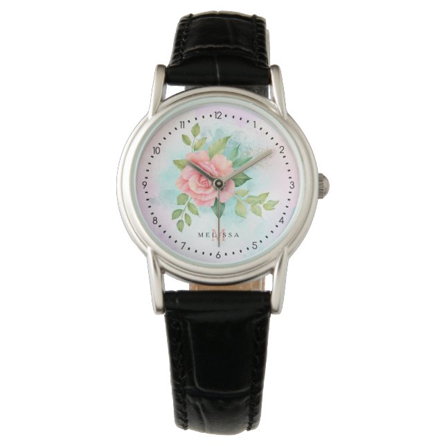 Montre Monogramme Aquarelle Turquoise Ombre Rose rose (devant)
