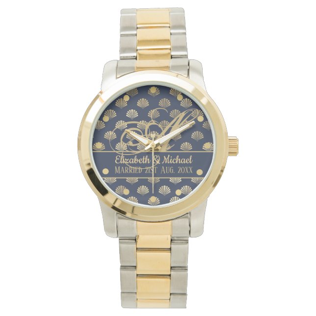 Montre Monogramme ART Déco Marine Blue Gold Shells Newlyw (devant)