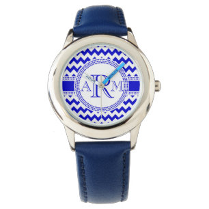 Montre Monogramme bleu et blanc de Chevron de zigzag