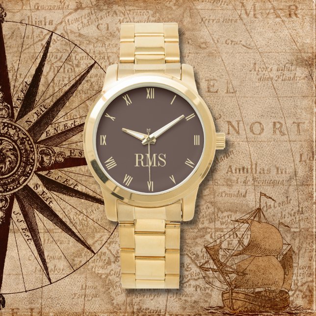 Montre Monogramme Brown foncé moderne Bracelet doré surdi (Modern Dark Brown Monogram Oversized Gold Bracelet Watch)