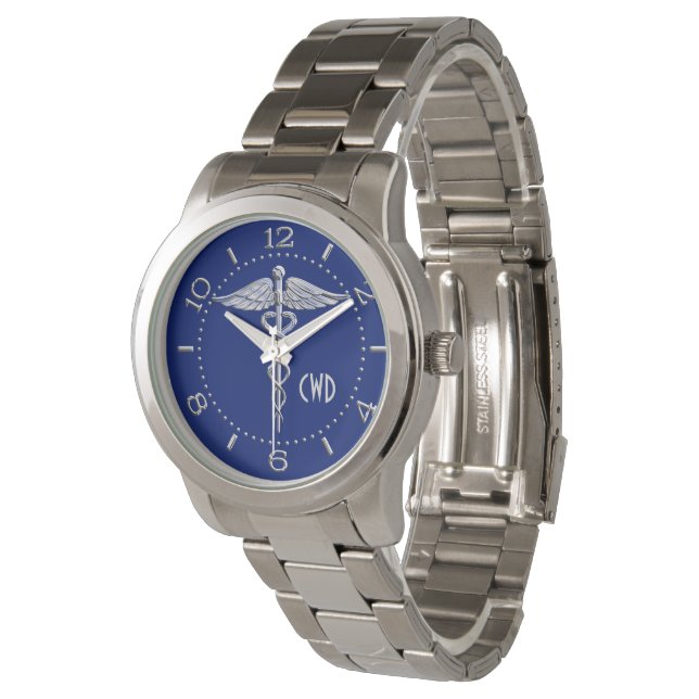 Montre Monogramme Chrome Style Symbole Médicale sur bleu  (Incliné)