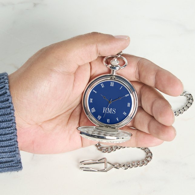 Montre Monogramme classique Marine Bleu Argent Poche Mono (Classic Timepiece Navy Blue Silver Monogram Pocket Watch)