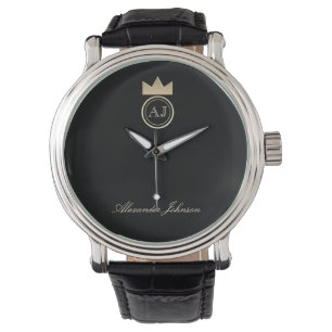 Montre Monogramme Couronne d'Or Royale , Nom Noir Élégant