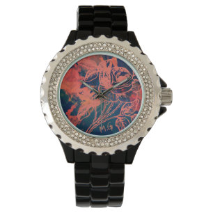 Montre Monogramme d'art de rose rouge abstrait