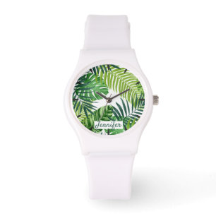 Montre Monogramme de feuilles tropicales vertes