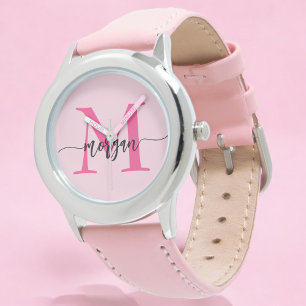 Montre Monogramme de fille en écriture moderne rose vif