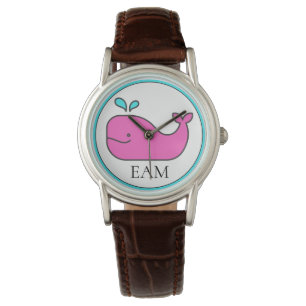 Montre Monogramme de Preppy Nautical Pink et Aqua Whale