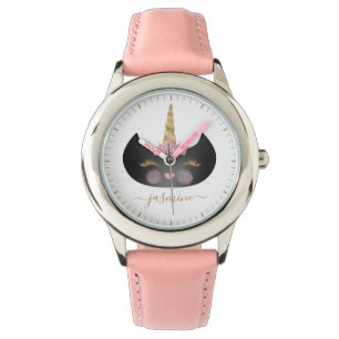 Montre Monogramme de script Gold de Girls Black Caticorn 