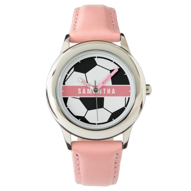 Montre Monogramme de soccer moderne noir blanc et rose (devant)