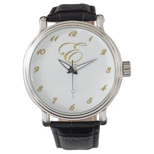 Montre Monogramme d'or E initial avec chiffres d'or