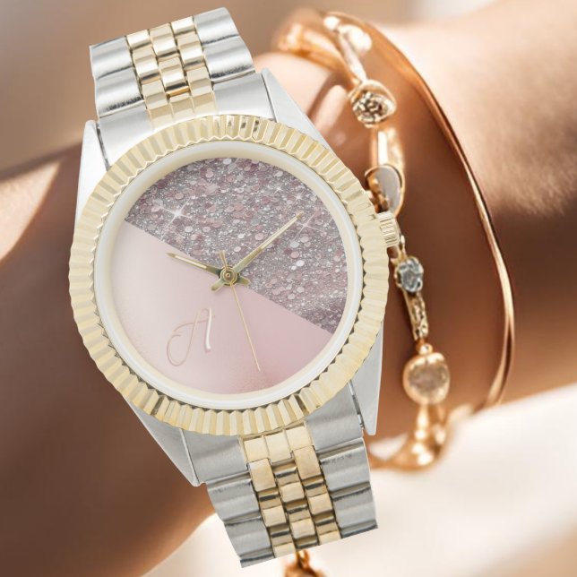 Montre Monogramme élégant en or rose (Elegant rose gold monogram watch with glitter detail, personalized with your first initial.)