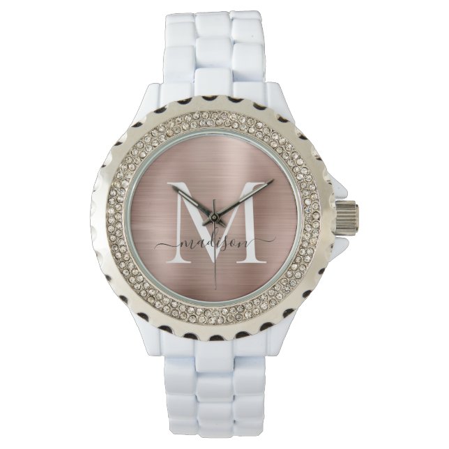 Montre Monogramme en métal brossé Rose de fille Nom du sc (devant)