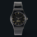 Montre Monogramme en or noir sur mesure Élégant Bracelet<br><div class="desc">Créez votre propre personnalisation, personnalisées, élégante tendance cool unique classe faux or et heures noires, monogrammed, dames et mens unisex, élégant, noir bracelet en silicone montre. Entrez simplement votre nom / monogramme / initiales, pour customiser. Fabrique un grand cadeau, pour l'anniversaire, la remise des diplômes, la fête des pères, la...</div>