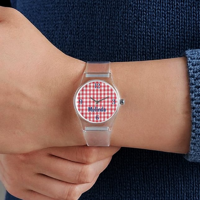 Montre Monogramme Femme Gingham Rouge Blanc Silicone Tran (Créateur téléchargé)