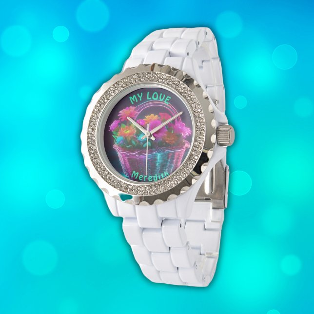Montre Monogramme Fleurs de couleurs vives dans un panier (Créateur téléchargé)