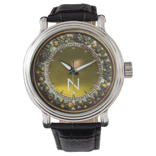 MONTRE MONOGRAMME FLORENTINE BROWN FLORAL COWN JAUNE GEM