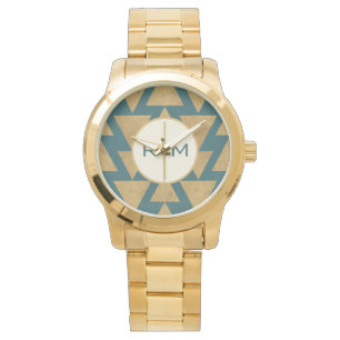 Montre Monogramme Geo Step extérieur Pat Turquoise or