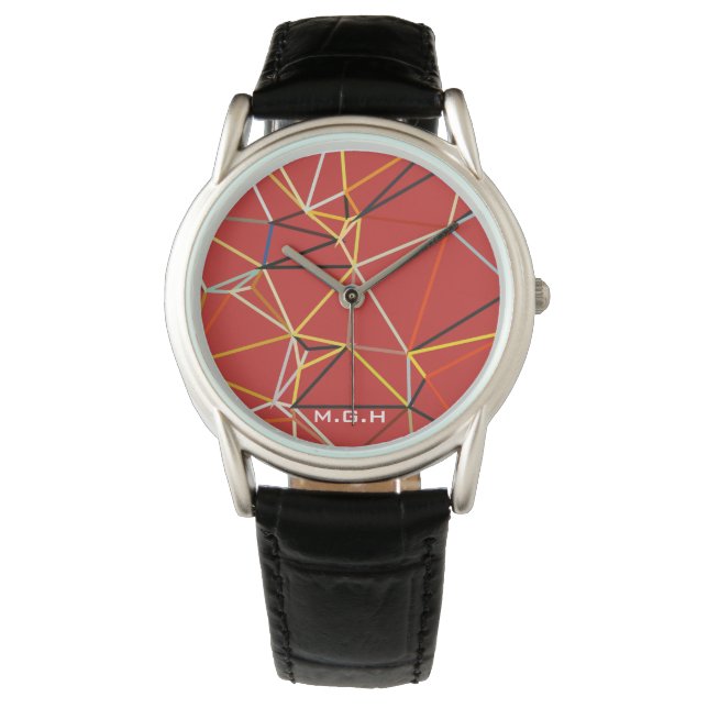 Montre Monogramme Géométrique Abstrait Rouge Dynamique (devant)