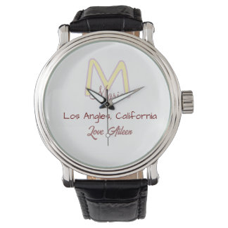 Montre monogramme jaune rose nom amour ville marron tenda