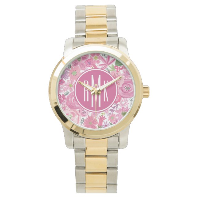 Montre Monogramme | Je fais Pink Aquarelle Motif Floral (devant)