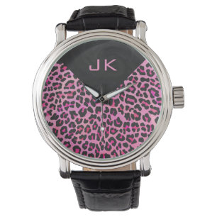 Montre Monogramme Leopard noir et rose chaud
