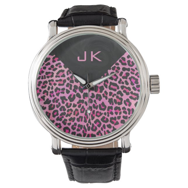 Montre Monogramme Leopard noir et rose chaud (devant)