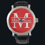 Montre Monogramme LR de la barre rouge<br><div class="desc">barre rouge Vie police romaine monogrammed poignet montre</div>