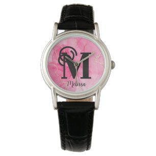 Montre Monogramme marbré rose et or moderne Nom