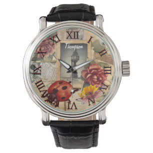 Montre Monogramme mignon rouge coccinelle rustique artwor