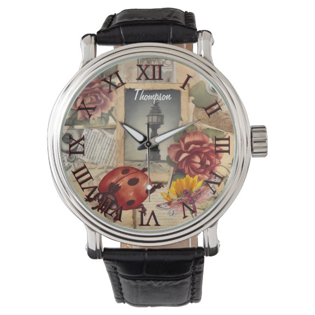 Montre Monogramme mignon rouge coccinelle rustique artwor (devant)