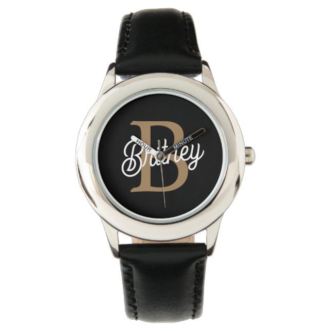 Montre Monogramme moderne élégant Nom Black Gold Script (devant)