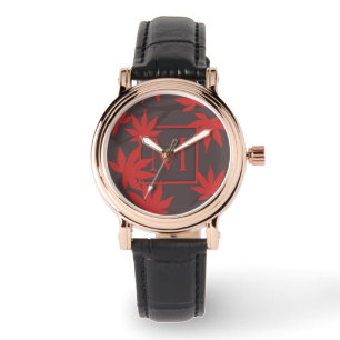 Montre Monogramme Moderne Feuille d'Érable Rouge Grise
