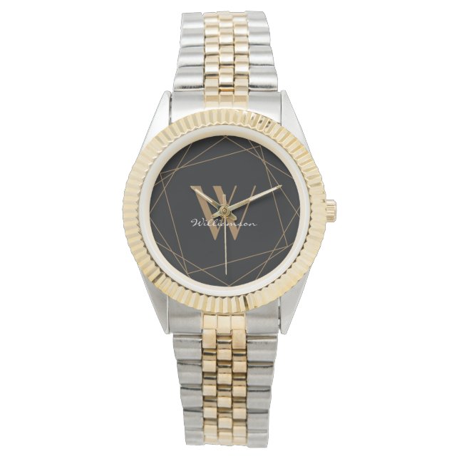 Montre Monogramme moderne Noir Nom d'or Script (devant)