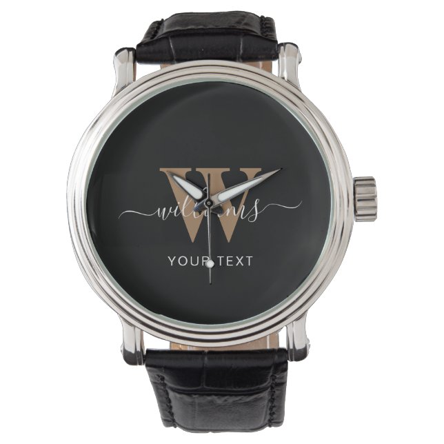 Montre Monogramme moderne Noir Script Nom initial (devant)