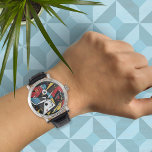 Montre Monogramme moderne rouge et noir géométrique Abstr<br><div class="desc">Design abstrait géométrique moderne en noir angulaire, rouge, bleu et jaune avec un arrosage de pois blancs pour le plaisir. Les chiffres sont des couleurs différentes pour le plaisir et la pratique. Ajoutez votre initiale dans une police cool pour un design unique et impressionnant sur une montre qui express votre...</div>