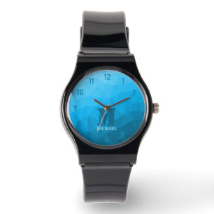 Montre Monogramme motif cyan bleu géométrique