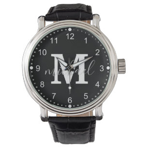 Montre monogramme noir et blanc personnalisé hommes