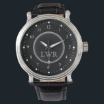 Montre Monogramme noir et blanc pour hommes<br><div class="desc">Montres monogrammées élégantes et classe, propres et simples customisées pour l'homme spécial sur votre liste de cadeaux. Classique facile à lire les nombres blancs avec des marques de hachage sur le visage noir. Audacieux et sophistiqué pour messieurs de style traditionnel — cliquez sur Customiser pour modifier la taille, le style...</div>