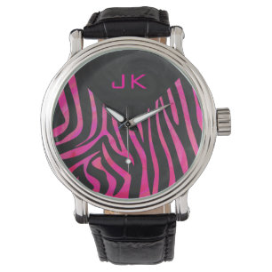 Montre Monogramme noir et rose chaud Zebra Design