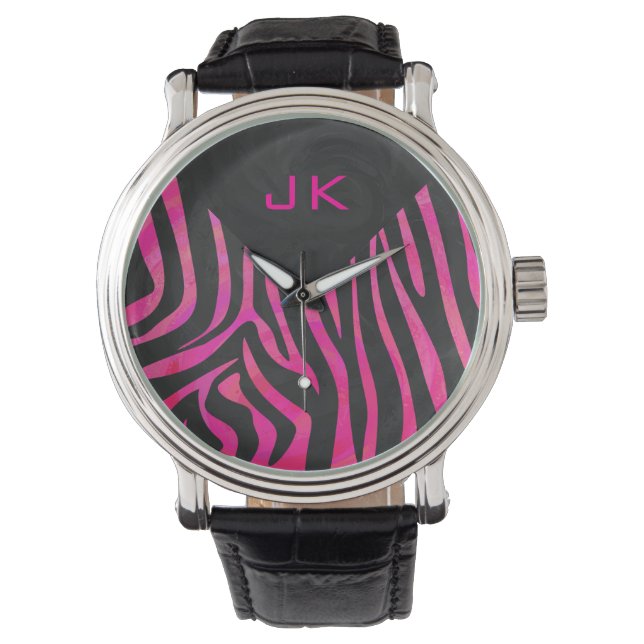 Montre Monogramme noir et rose chaud Zebra Design (devant)