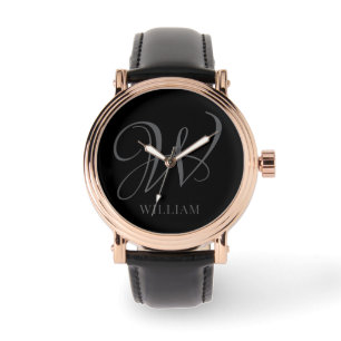 Montre Monogramme noir gris élégant personnalisé initial
