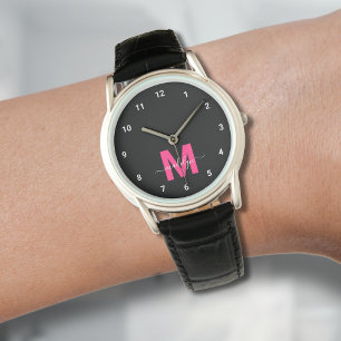 Montre Monogramme Noir Minimaliste Élégant Pink