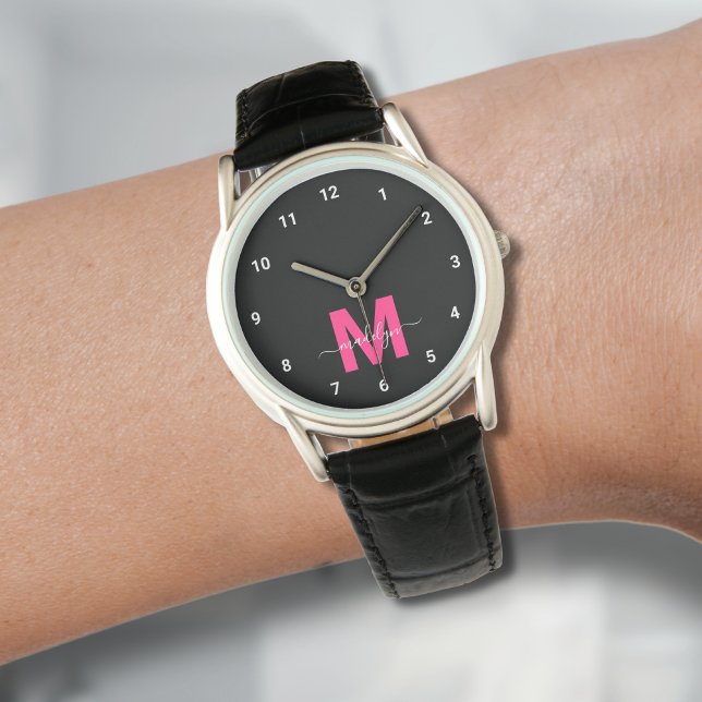 Montre Monogramme Noir Minimaliste Élégant Pink (Elegant Minimalist Black Pink Monogram Watch)
