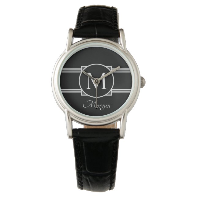 Montre Monogramme & nom DIY, design B/N & gris (devant)