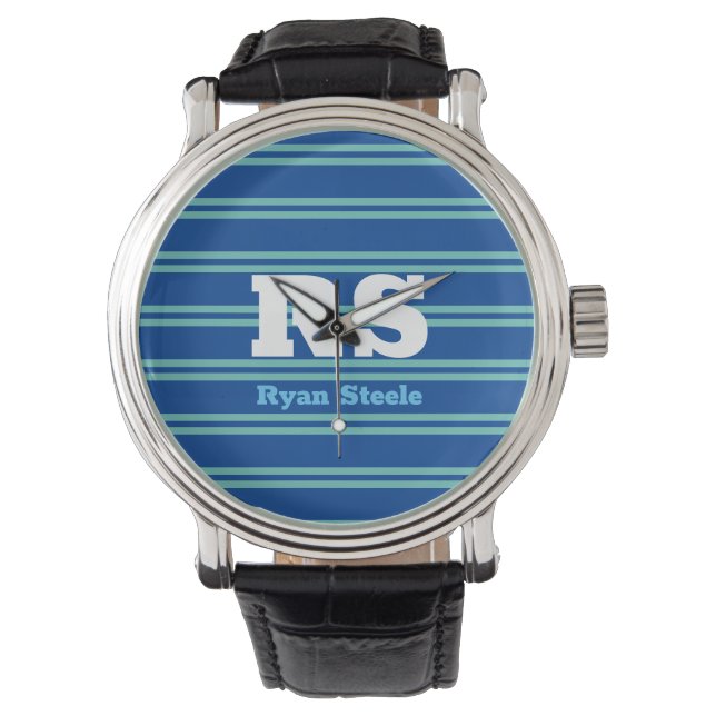 Montre Monogramme & nom en gras, Lt Lignes Turquoises sur (devant)