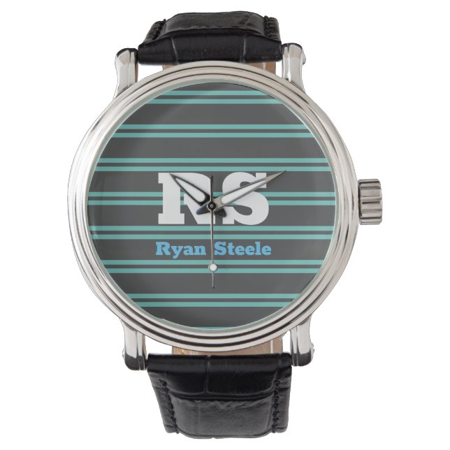 Montre Monogramme & nom en gras, Lt Turquoise Lines sur g (devant)