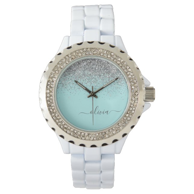 Montre Monogramme Pailleté Bleu Aqua Turquoise Argent (devant)
