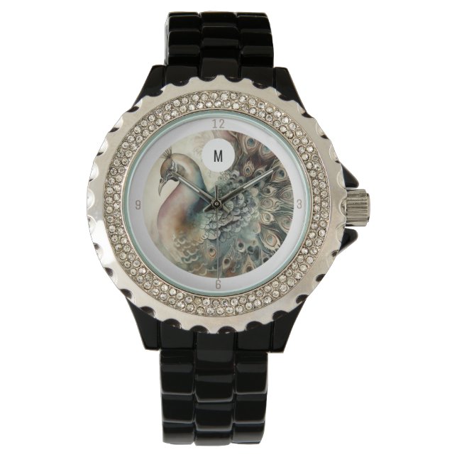 Montre Monogramme Peacock moderne | Ajouter votre initial (devant)