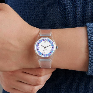 Montre Monogramme, Pensées Violet et Bleu Silicone Transp