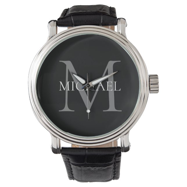 Montre Monogramme personnalisé et nom noir (devant)
